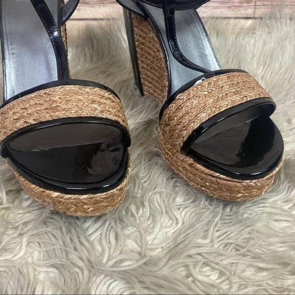 Stuart Weitzman | Natural Straw Espadrille Patent Leather Wedge Platform Sandals - Picture 6 of 11